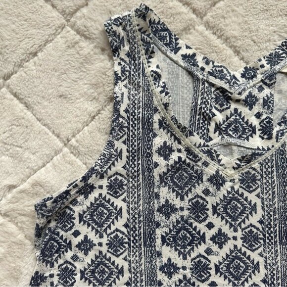 Lucky Brand | Blue and White Tribal Print Double V-neck Tank Top | Size Small - Picture 3 of 9